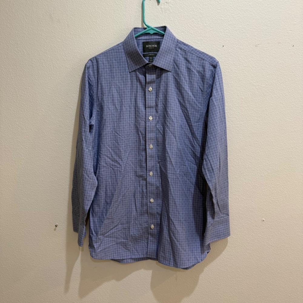 Bonobos Wrinkle Free Tailored Slim Fit Dress Shirt Blue Grid 15.5 32 Cotton